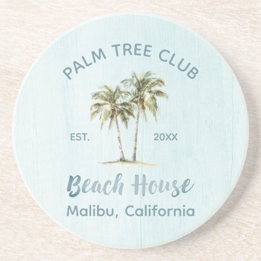 Helles Blue Wood Palm Trees Modernes Beach House Getränkeuntersetzer (Vorne)