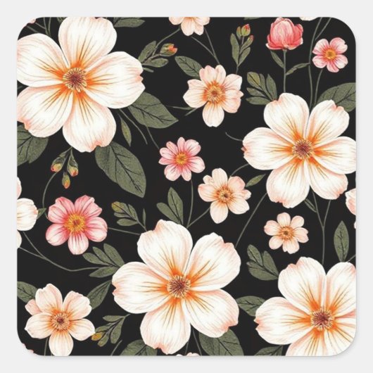 Helles Blumenmuster in schwarz Quadratischer Aufkleber (Vorderseite)