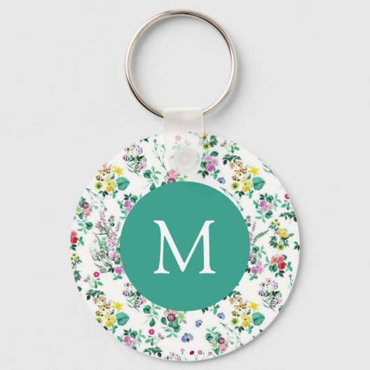 Helles Blumenmuster Teal Monogramm Schlüsselanhänger (Vorderseite)