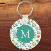 Helles Blumenmuster Teal Monogramm Schlüsselanhänger (Rückseite)