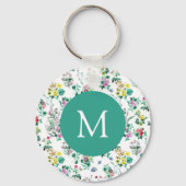 Helles Blumenmuster Teal Monogramm Schlüsselanhänger (Rückseite)