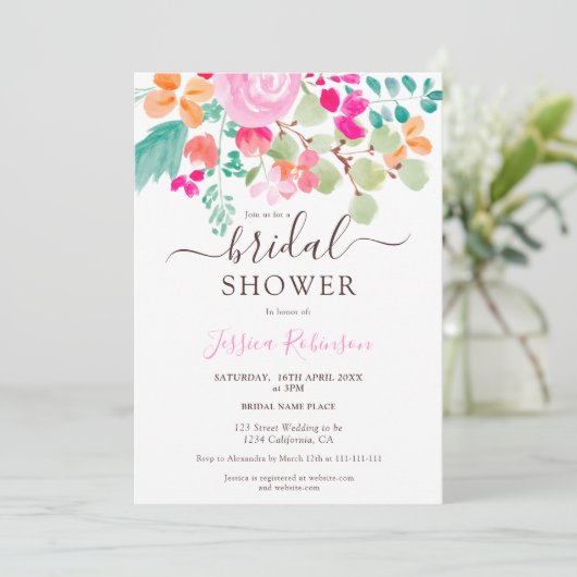 Helles botanisches Brautparty mit floralen Aquarel Einladung (Stehend Vorderseite)