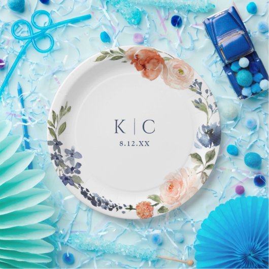 Helles Brautparty Orange Dusty Blue Peony Pappteller (Party)