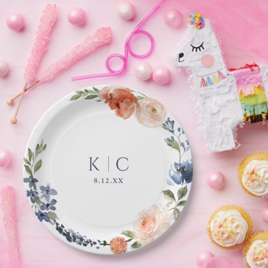 Helles Brautparty Orange Dusty Blue Peony Pappteller (Party)