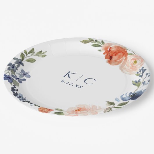 Helles Brautparty Orange Dusty Blue Peony Pappteller (Schrägansicht)