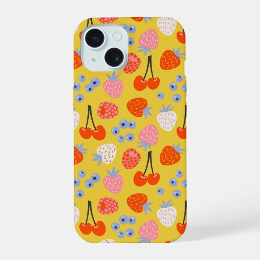 Helles, farbenfrohes Berry Frucht Muster iPhone 15 Hülle (Rückseite)