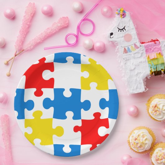 Helles, farbiges Puzzlespiecmuster Pappteller (Party)