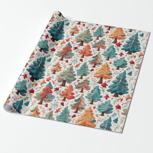 Helles festliches Papier mit Weihnachtsbäumen Geschenkpapier (Ungerollt)