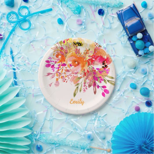 Helles florales romantisches Individuelle Name Pappteller (Party)