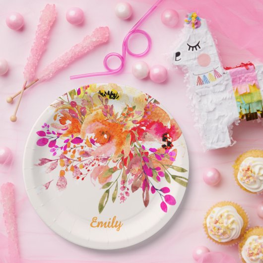 Helles florales romantisches Individuelle Name Pappteller (Party)