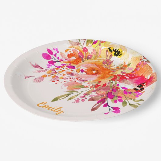 Helles florales romantisches Individuelle Name Pappteller (Schrägansicht)