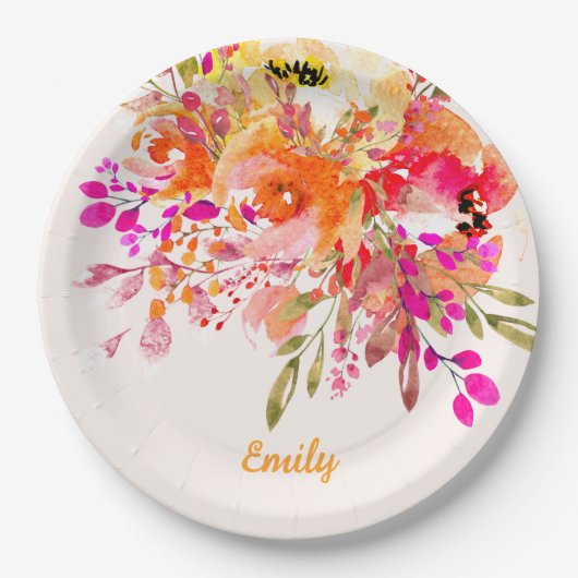 Helles florales romantisches Individuelle Name Pappteller (Vorderseite)