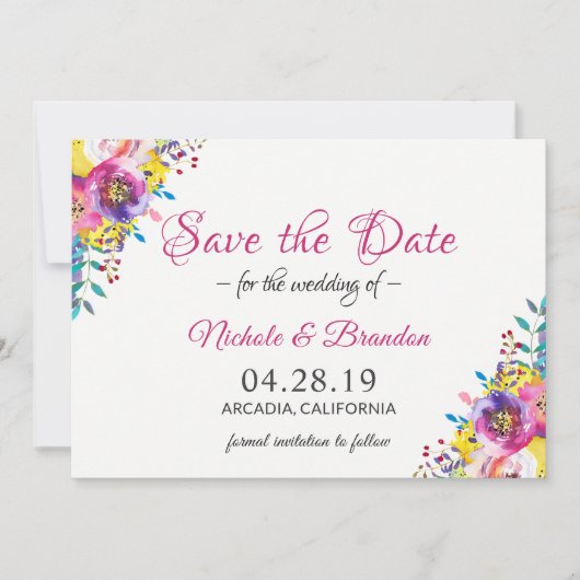 Helles Fuchsia Gold Blumen Spring Save the Date (Vorderseite)