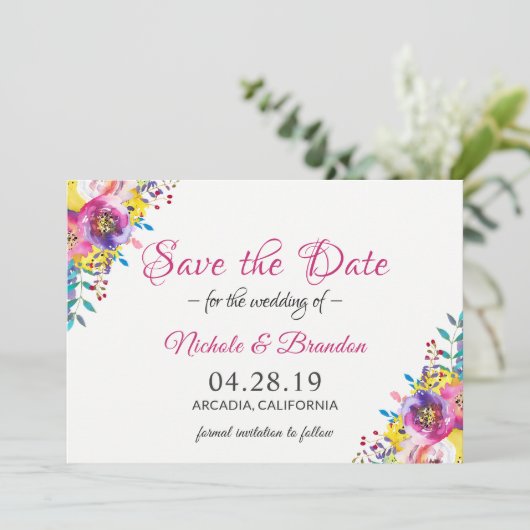 Helles Fuchsia Gold Blumen Spring Save the Date (Stehend Vorderseite)