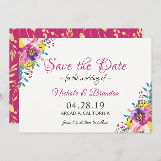 Helles Fuchsia Gold Blumen Spring Save the Date (Vorne/Hinten)