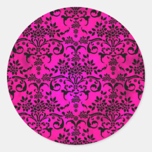 Helles Fuchsia und schwarzes florales Damastmuster Runder Aufkleber