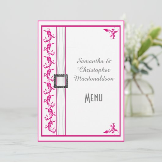 Helles Fuchsienrosa Hochzeitsmenü Menükarte (Stehend Vorderseite)