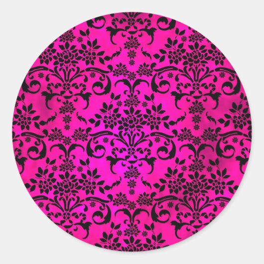 Helles Fucshia- und Schwarz-Floral-Damask-Muster Runder Aufkleber (Vorderseite)