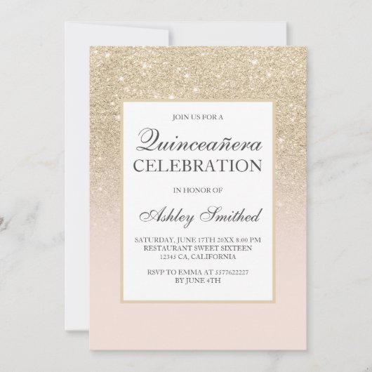 Helles Gold Girl Glitzer eleganter Chic Quinceañer Einladung (Vorderseite)