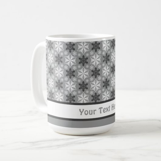 Helles, graues Schwarz Winter Weißes Schneeflocken Kaffeetasse (Vorderseite Links)