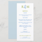 Helles Green Blue Simple Monogram Wedding Menu Menükarte (Vorne/Hinten)