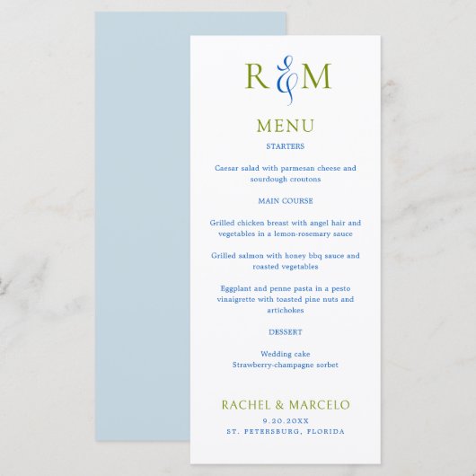 Helles Green Blue Simple Monogram Wedding Menu Menükarte (Vorne/Hinten)
