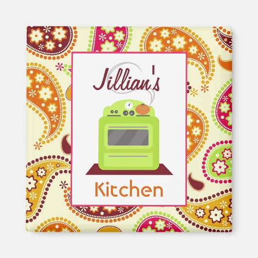 Helles grünes Retro Stove & Paisley Kitchen Magnet (Vorne)