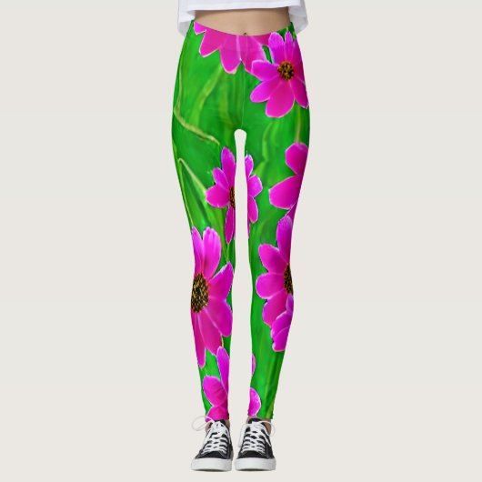 Helles, grünes und rosa Blume-Muster Leggings (Vorderseite)