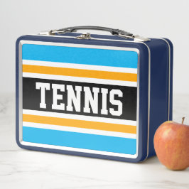 Helles Himmelblau Schwarz-weiß Gelbe TENNIS Streif Metall Brotdose