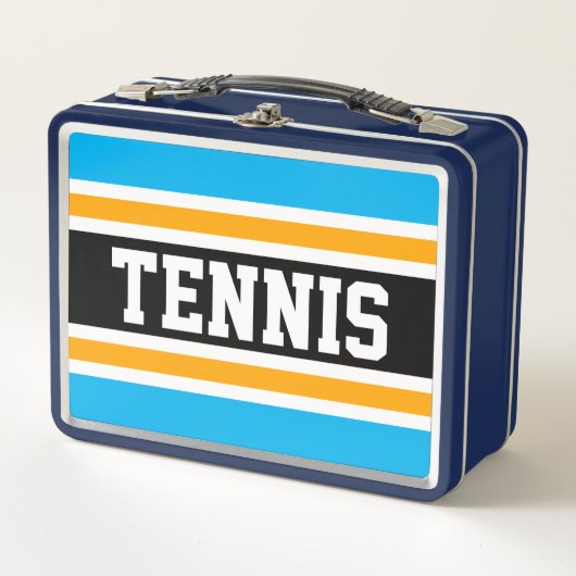 Helles Himmelblau Schwarz-weiß Gelbe TENNIS Streif Metall Brotdose (Vorderseite)