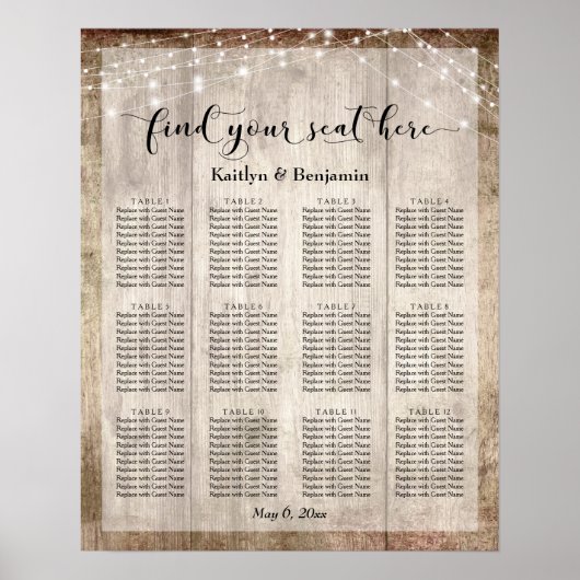 Helles Holz & Lights Hochzeitssitzdiagramm Poster (Vorne)
