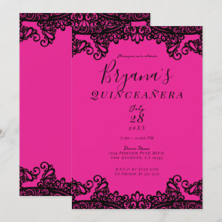 Helles Hot Pink Black Ink Lace 15. Quinceañera Einladung