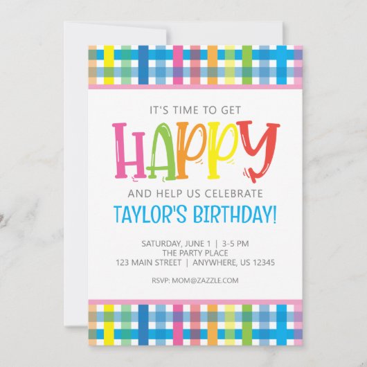 Helles Kariert Happy Birthday Party Einladung (Vorderseite)