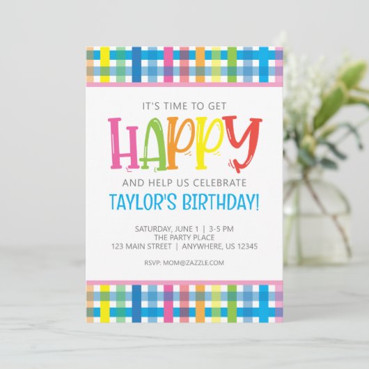 Helles Kariert Happy Birthday Party Einladung (Stehend Vorderseite)