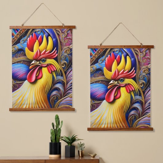 Helles, lebendiges Rooster Wandteppich Mit Holzrahmen (Asymmetrisch)
