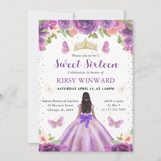 Helles Lila Kleid Dunkle Hautprinzessin Sweet 16 Einladung (Vorderseite)