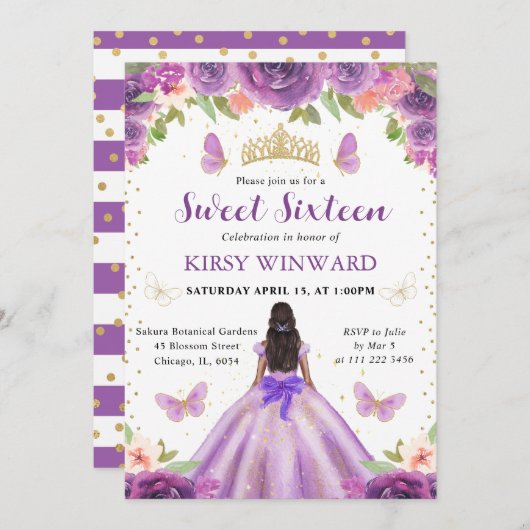 Helles Lila Kleid Dunkle Hautprinzessin Sweet 16 Einladung (Vorne/Hinten)