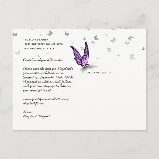 Helles Lila SchmetterlingsFoto Save the Date Ankündigungspostkarte (Rückseite)