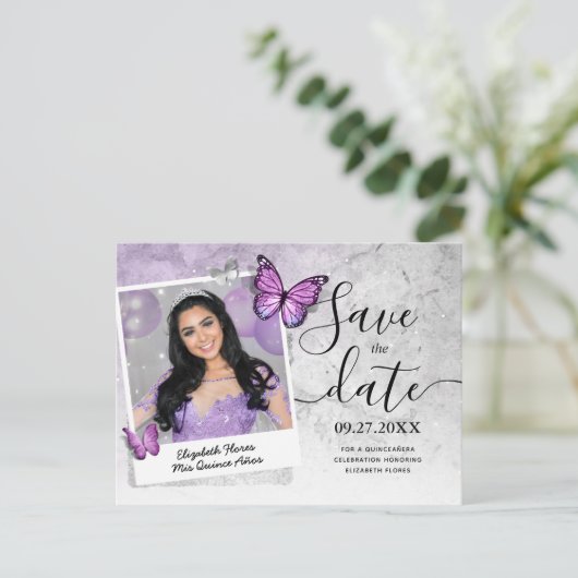 Helles Lila SchmetterlingsFoto Save the Date Ankündigungspostkarte (Stehend Vorderseite)