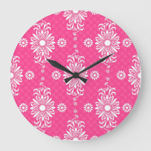 Helles Mädchenhaftes Rosa und Weißes Blumenmuster Große Wanduhr
