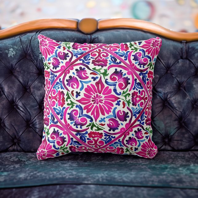 Helles magenta rosa mexikanisches Fliesenmuster Kissen (Bright magenta pink blue Mexican tiles pattern Throw Pillow)