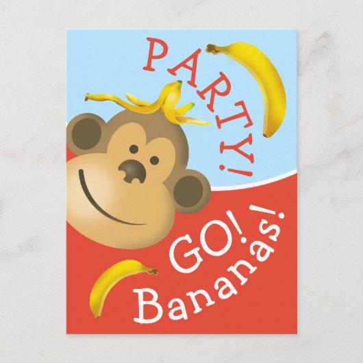 Helles, muffiges Go Bananen Affen Party Einladungspostkarte (Vorderseite)