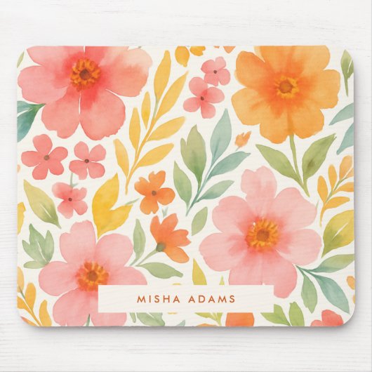 Helles Muster Rosa Orange Aquarell Blumenmuster Mousepad (Vorne)