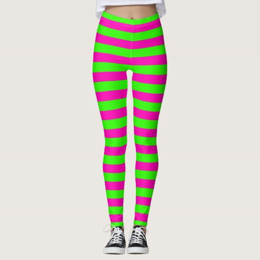 Helles Neon Rosa und grüner Horizontalstreifen Leggings (Vorderseite)