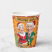 Helles Orange Weihnachtskarikaturenpaar Pappbecher (Vorderseite)