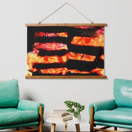 Helles orangefarbenes Holzklappenband, Streifen Wandteppich Mit Holzrahmen (Wohnzimmer)