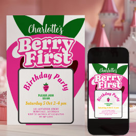 Helles Pink Erdbeere Beere Erster Geburtstag Einladung