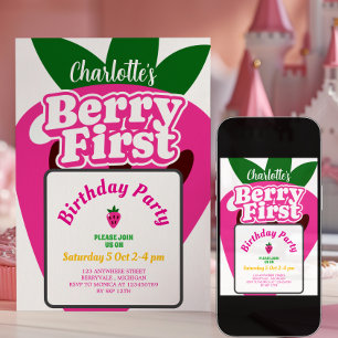 Helles Pink Erdbeere Beere Erster Geburtstag Einladung
