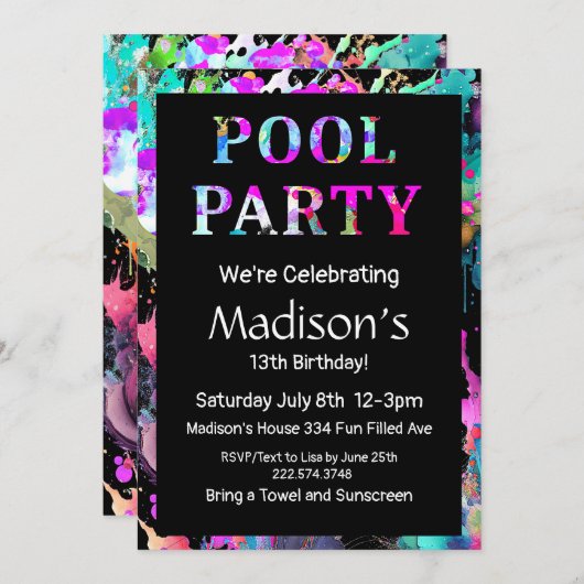 Helles Pool Party Geburtstag, Einladung (Vorne/Hinten)