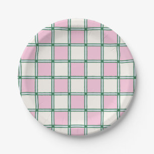 Helles Preppy-Rosa, Blau und grüne Schachbretter Pappteller